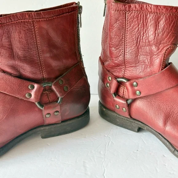 Frye Red Leather Phillip Harness Ankle Boots - Picture 5 of 9